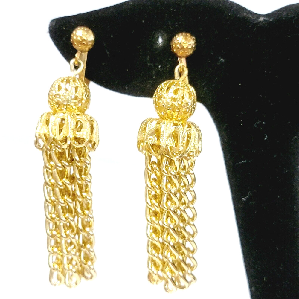 Vintage Gold Tone Textured Tassel Dangle Clip On Earrings, Signed Hong Kong